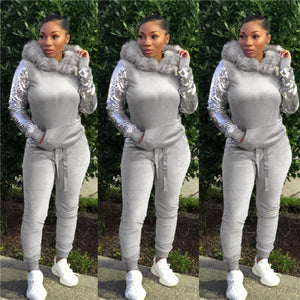 "Silver Fox" 2-pc Velvet Fur Collar Jumpsuit