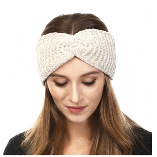 Ivory Chenille ribbed knit winter headband- half hat