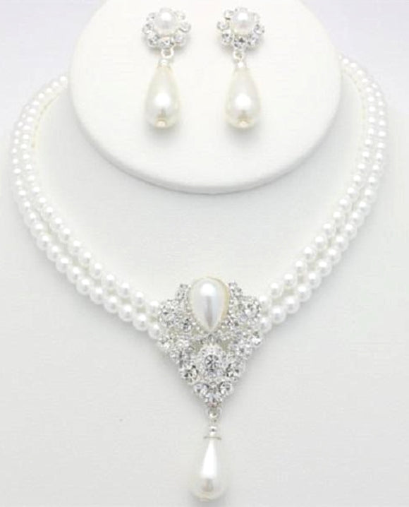 White Pearl Silver Necklace & Earrings Set