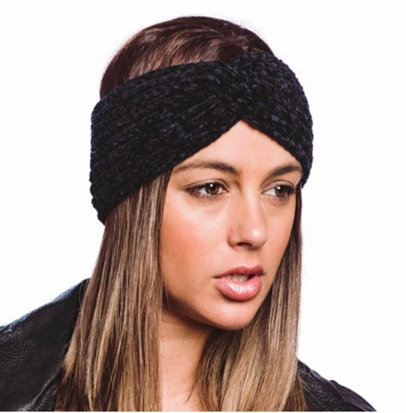 Black Chenille ribbed knit winter headband - half hat